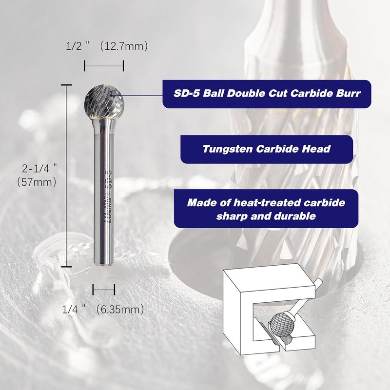 LU&MN SD-5 Tungsten Carbide Burr ball Shape Double Cut Rotary Burrs File(1/2''cutter Dia ， 1/2''Cutter Length) with 1/4'' (6.35mm) Shank dia, used for metalwork, tool making, engineering, grinding by - Image 1